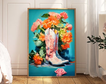 Cowboy Boots & Flowers Print | Girly Western Wall Art | Trendy Wall Art for Living Room | Perfect Cowgirl Gift