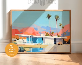 Op de afbeelding: Een ingelijste print van een modern huis in mid-century stijl met een blauw zwembad ervoor. Het huis is wit met een plat dak en grote ramen. Er zijn palmbomen op de achtergrond en een bergketen in de verte. De print is getiteld "Laguna Pacific".