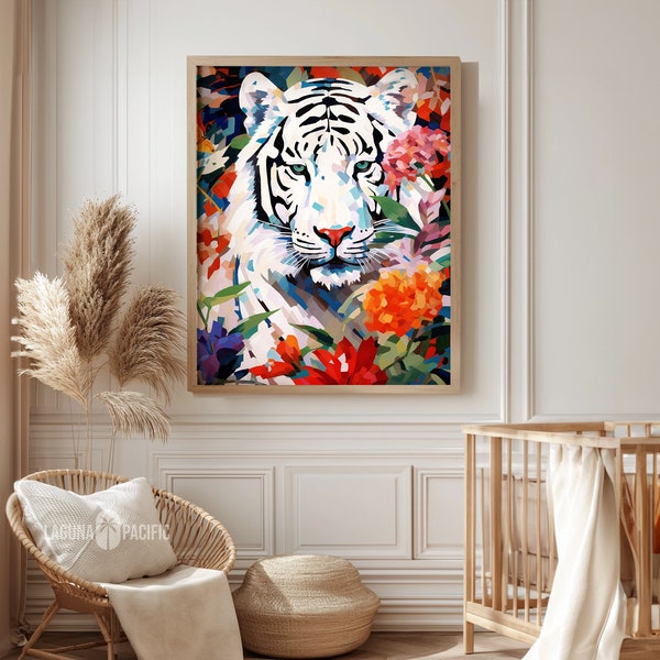 Peinture de tigre blanc dans la jungle de fleurs, téléchargement numérique, art mural exquis pour la maison moderne, cadeau artistique pour les amateurs d'animaux