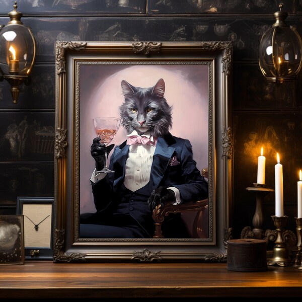 Gediegene Katze mit Cocktailkunst | Retro Hausbar Wandkunst | Trendige Kunst für Wohnzimmer | Katzenliebhaber Geschenk | Digitaler Download