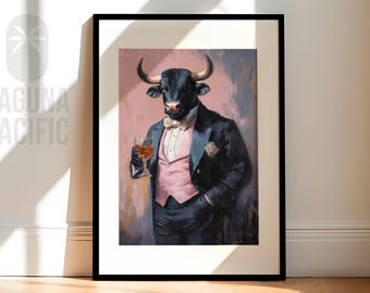 Debonair Bull Cocktail Print | Retro Preppy Bull in a Suit Painting | Gift for Bull Lovers | Cheers Print | Available as Print or Canvas