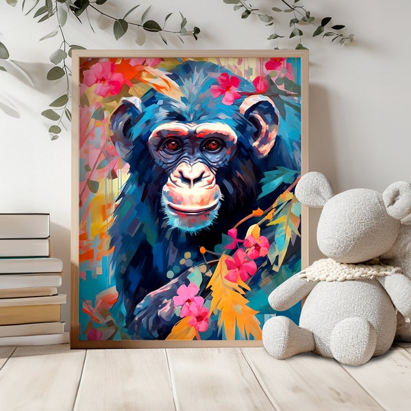 Chimpanzee Jungle Art Print | Maximalist Flower Jungle Canvas | Vibrant Pop Art for Home Decor | Art Print or Canvas Available