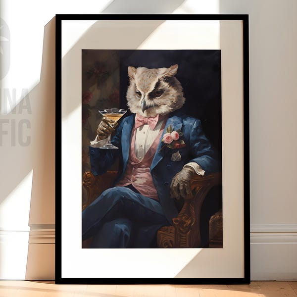Owl Cocktail Print | Retro Preppy Owl in a Suit | Cocktail Lounge Wall Decor | Cheers Print | Available as Print or Canvas