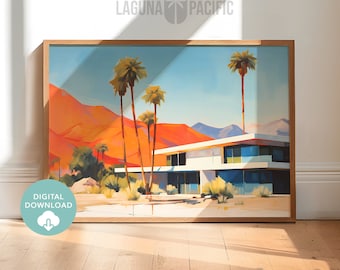 May include: A digital painting of a modern house with a swimming pool in the desert. The house is white with large windows and a flat roof. There are palm trees in the foreground and mountains in the background. The sky is blue and the sun is shining. The painting is in a wooden frame.