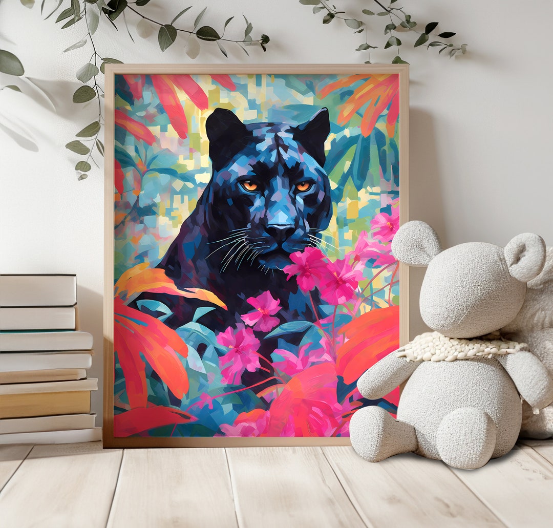 Black Panther Jungle Pop Art Print | Maximalist Floral Canvas for Home ...