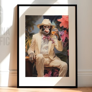 May include: A chimpanzee wearing a light brown suit and a hat, holding a glass of liquid. The chimpanzee is sitting in a tropical setting with lush green foliage and pink flowers.