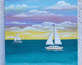 Sailboats at Sunset Acrylic Painting