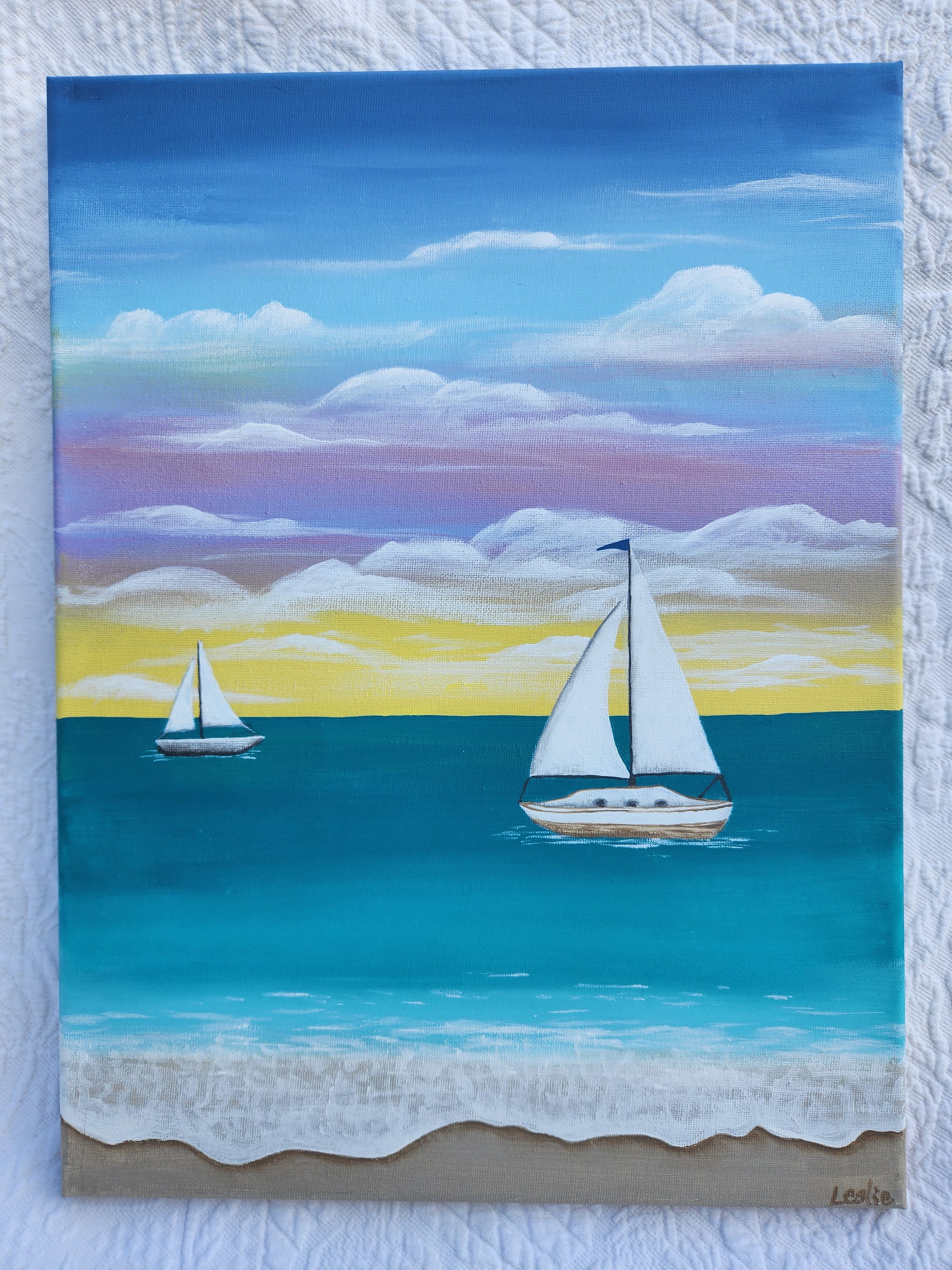 Sailboats at Sunset Acrylic Painting