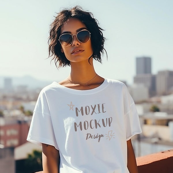 Bella+Canvas 3001 WHITE T-Shirt Mockup Image, Boho woman on a sunny rooftop, sunglasses, Modern Trendy Oversized Tee Fit, Best-Selling Image