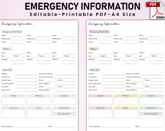 Editable Emergency Information Sheet: Contact & Insurance (A4 PDF)
