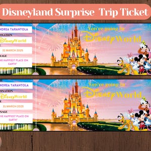Modèle imprimable de billet de voyage surprise Disneyland, bon cadeau révélation surprise, billet de voyage de vacances, toile modifiable, téléchargement immédiat