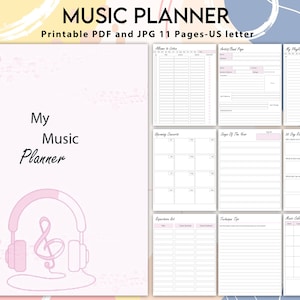Puede incluir: Un planificador musical imprimible con un esquema de color rosa y blanco. La portada presenta unos auriculares rosas con una clave de sol en su interior. El planificador incluye páginas para álbumes, artistas, conciertos próximos, canciones del año, una revisión de 30 días y un calendario musical.