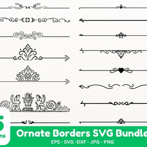 Può includere: Un set di 15 disegni di bordi decorativi in bianco e nero. I bordi sono in una varietà di stili, tra cui floreale, geometrico e fantasioso. Il testo "Ornate Borders SVG Bundle" è visualizzato sotto i bordi. Il testo "EPS-SVG-DXF - JPG - PNG" è visualizzato sotto il titolo del pacchetto.