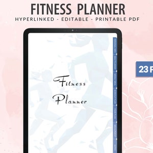 May include: A digital tablet displaying a fitness planner with a blue and white design. The planner has sections for personal info, daily planner, weekly meal, workout plan, food plan, measurements, and notes. The text "Fitness Planner" is displayed in black text on a white background. The text "23 Pages" is displayed in white text on a blue background.
