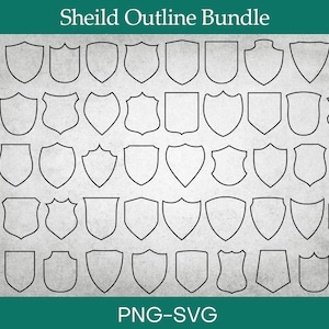 May include: A collection of shield outline designs in various shapes and sizes. The shields are black line art on a light gray background. The text "Sheild Outline Bundle" and "PNG-SVG" are at the top and bottom of the image.