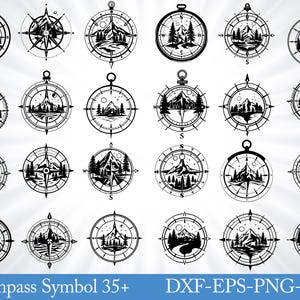 May include: A collection of black and white compass designs featuring mountain and forest scenes. Each compass has a different landscape illustration within the circular frame, with a directional arrow and a loop at the top.