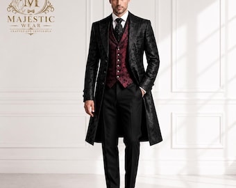 Black Victorian Tailcoat Suit for Men, Luxury Gothic Wedding Frock Coat, Burgundy Jacquard Vest Formal Groom Outfit, Custom Made