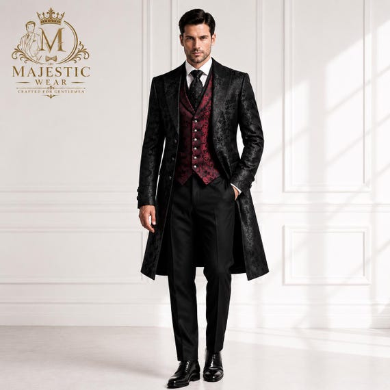 Black Victorian Tailcoat Suit for Men, Luxury Gothic Wedding Frock Coat, Burgundy Jacquard Vest Formal Groom Outfit, Custom Made