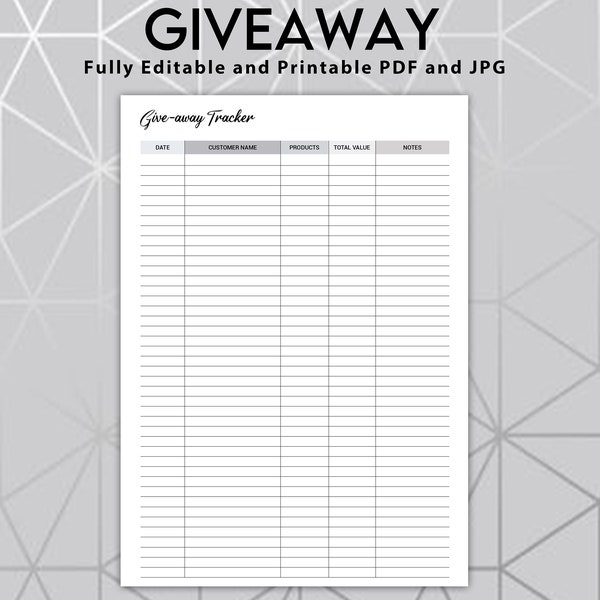 Giveaway Tracker Editable and Printable, Business Giveaway, Social Media Influencer Giveaway, Giveaway Log, Giveaway Template