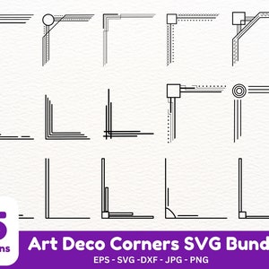 アールデコ コーナー フレーム SVG バンドル、アールデコ ボーダー クリップアート、フレーム デザイン要素、アンティーク ボーダー、コーナー SVG、透明な背景