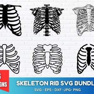 May include: A set of six black and white skeleton rib cage SVG designs. The designs are in various styles and orientations. The text "6 DESIGNS" and "SKELETON RIB SVG BUNDLE" is at the bottom of the image. The text "SVG - EPS - DXF - JPG - PNG" is below the bundle title.