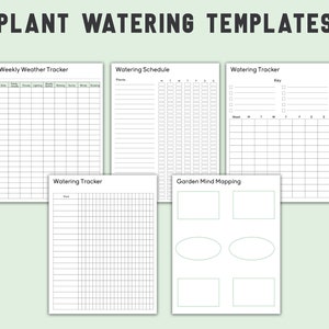 Może przedstawiać: Zestaw drukowanych szablon&oacute;w do pielęgnacji roślin. Szablony obejmują tygodniowy tracker pogody, harmonogram podlewania i trackery podlewania. Tekst "PLANT WATERING TEMPLATES" znajduje się na g&oacute;rze obrazu.