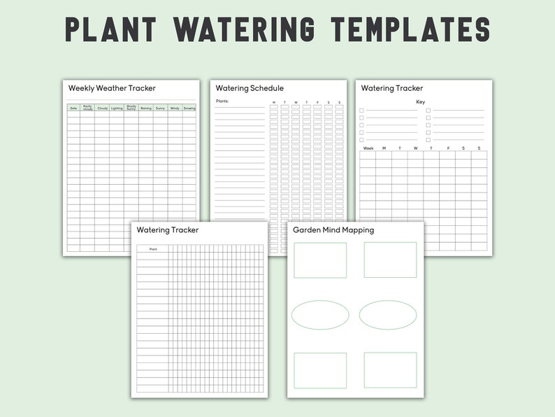 Może przedstawiać: Zestaw drukowanych szablon&oacute;w do pielęgnacji roślin. Szablony obejmują tygodniowy tracker pogody, harmonogram podlewania i trackery podlewania. Tekst "PLANT WATERING TEMPLATES" znajduje się na g&oacute;rze obrazu.