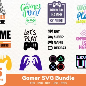 May include: A set of 15 gamer-themed SVG designs, including phrases like "Game On!" and "Gamer is Here", as well as images of game controllers and buttons. The designs are in various colors, including green, blue, pink, and black.