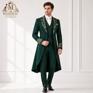 emerald green dress with blazer Luxury Emerald Green Jacquard Double-Breasted Blazer Dress with Black Leather Trim by Aswn Brothers