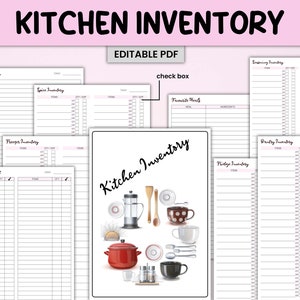 May include: A printable kitchen inventory checklist with a cover page featuring a red pot, a french press, mugs, and other kitchen utensils. The checklist includes sections for pantry, fridge, freezer, spices, grocery shopping list, and this week's menu.