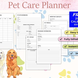 Può includere: Un planner per la cura degli animali domestici stampabile con un design in bianco e nero. Il planner include sezioni per la prevenzione dei parassiti, informazioni sul pet sitter, dettagli dell'animale domestico, profilo dell'animale domestico, contatti importanti e informazioni sull'assicurazione. Il planner include anche un calendario gratuito 2024. Il planner è facile da usare, completamente modificabile e disponibile per il download immediato. Il planner ha 34 pagine.