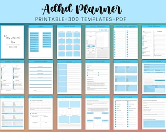May include: A printable planner with 300 templates for people with ADHD. The planner includes pages for daily, weekly, and yearly planning, as well as habit tracking, business planning, and more. The pages are designed with a light blue and white color scheme.