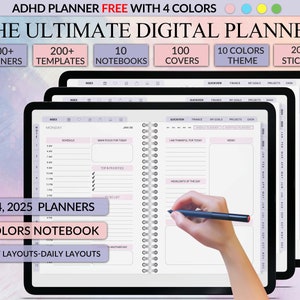 Może przedstawiać: Aplikacja cyfrowego planera na tablecie z różowym i fioletowym tłem. Aplikacja ma układ tygodniowy z sekcjami na harmonogram, główny cel na dzień, najważniejsze priorytety, listę rzeczy do zrobienia i najważniejsze wydarzenia dnia. Zawiera również układ dzienny z podobnymi sekcjami, a także sekcję wdzięczności i sekcję notatek. Aplikacja została zaprojektowana dla osób z ADHD i zawiera 10 kolorów, 2000 naklejek i 100 okładek.