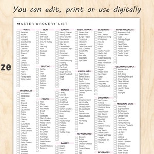 Meistern Sie Ihre Einkaufsliste mit Leichtigkeit, bearbeitbare und druckbare Master-Lebensmittelgeschäftliste, Online-Einkaufsliste, Master-Einkaufsliste, Digitaler Lebensmittelgeschäft