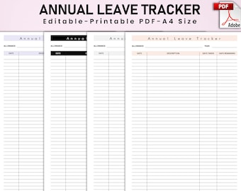 Annual Leave Tracker: Employee Time Off, Editable PDF (A4)