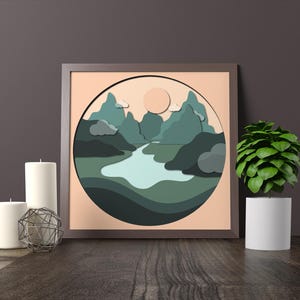 マウンテン レイク サンセット シャドー ボックス、3D SVG シャドー ボックス テンプレート、DIY 壁飾り、Cricut 用ペーパー プロジェクト、Cricut 用レイヤード カードストック プロジェクト