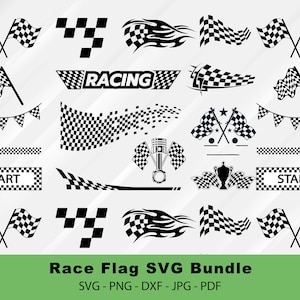 May include: A set of black and white checkered race flag SVG designs. The designs include flags, checkered lines, a racing engine, a trophy, and the word "RACING".