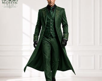 Emerald Green Victorian Tailcoat Suit for Men, Luxury Gothic Frock Coat, Wedding Groom Suit, Custom Prince Formal Outfit, Royal Victorian