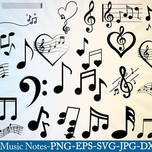 May include: Black musical notes and symbols, including treble clefs, quarter notes, and eighth notes, are displayed on a light blue background. Some notes are shaped like hearts. The image includes the text "Music Notes-PNG-EPS-SVG-JPG-DXF".