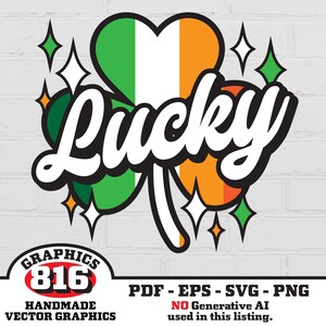 Puede incluir: Un diseño gráfico con la palabra "Lucky" en blanco, delineada en negro, sobre un fondo de tréboles y estrellas verdes, blancas y naranjas. El diseño incluye el texto "GRAPHICS 816" y "HANDMADE VECTOR GRAPHICS".