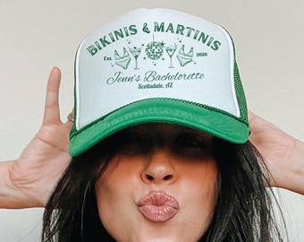 Bikinis and Martinis Bachelorette Trucker Hat, Personalized Tinis & Bikinis Bach Party Cap