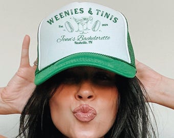 Personalized Weenies & Tinis Bachelorette Trucker Hat, Hot Dog and Martini Bach Party Cap