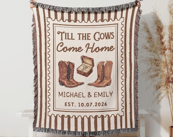 Personalized Western Engagement Woven Blanket, Custom Wedding Cotton Throw for Couples