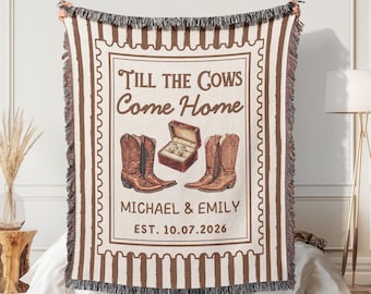 Personalized Western Wedding Woven Blanket, Custom Engagement Cotton Throw for Couples