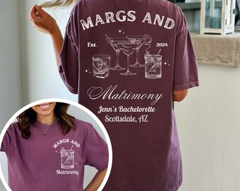 Margs and Matrimony Shirt Personalized Bachelorette Shirt Margarita and Matrimony Bridal Shower Party Shirt Custom Location Bachelorette Tee