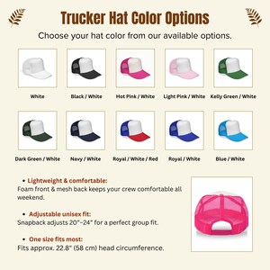 a collection of trucker hat colors and styles, including white, black, pink, green, navy, royal, blue, and light pink, as well as a pink adjustable unisex fit and a one-size-fits-most option.
