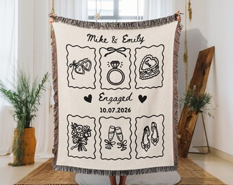 Personalized Engagement Blanket: Woven Cotton Throw, Custom Names & Date