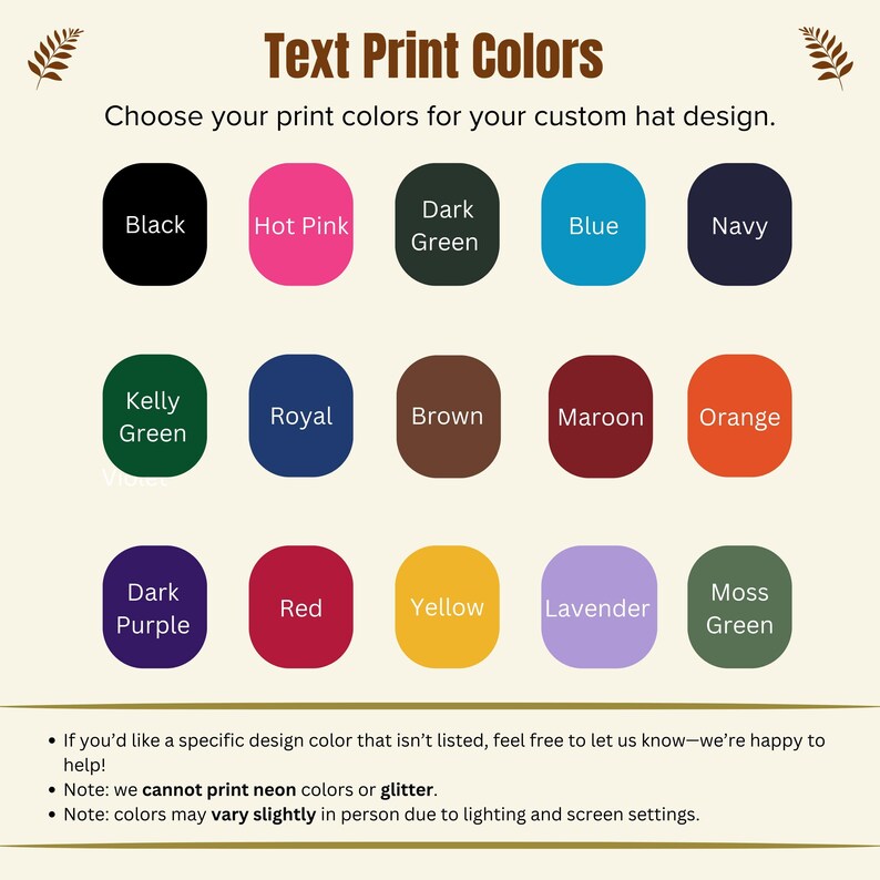 a collection of text print colors, including black, hot pink, dark green, blue, navy, green, brown, maroon, orange, royal, brown, maroon, orange, green, royal, brown, maroon, orange, purple, dark purple, red, yellow, lavender, moss green, and green.