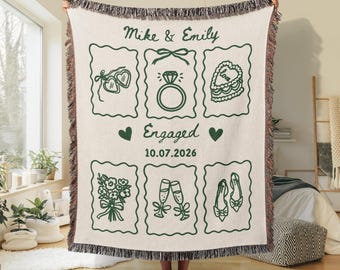 Personalized Engagement Blanket: Woven Cotton Throw, Custom Names & Date