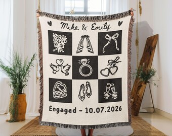Personalized Engagement Blanket: Woven Cotton Throw, Custom Names & Date